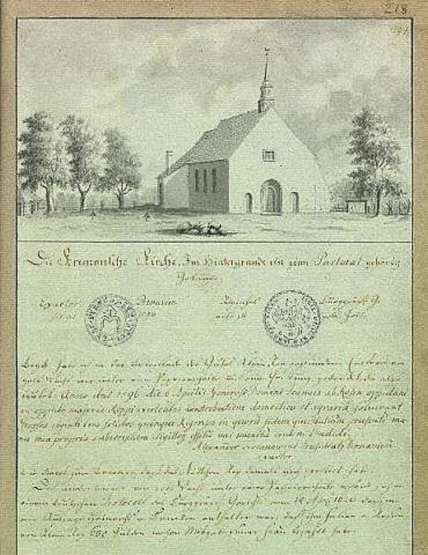 Ein historisches Dokument mit einer Zeichnung der St. Erasmus-Kirche umgeben von Bäumen und Himmel, unterzeichnet von der deutschen Regierung.