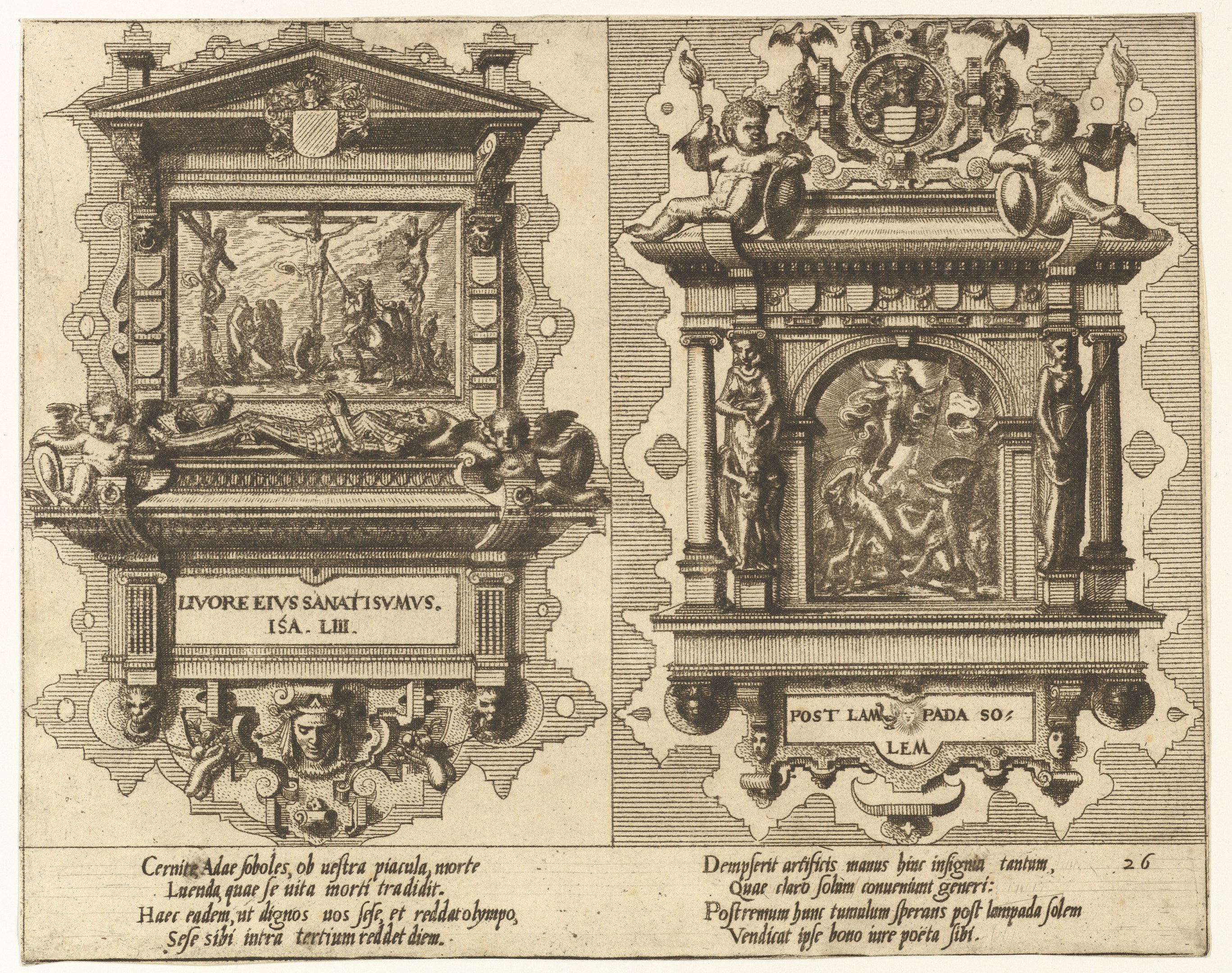 Zwei detaillierte Skulpturen, die auf Papier gezeichnet sind, mit begleitendem fettem Text.