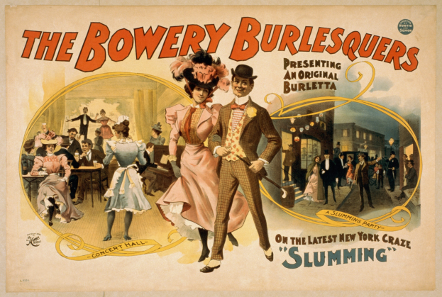 Plakat für "The Bowery Burlesquers" mit einer Gruppe tanzender Menschen vor Gebäuden mit Textbeschreibung des Ereignisses.