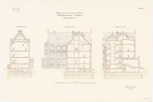 Architektonischer Planentwurf der Charles II-Schule in Berlin mit zahlreichen Fenstern und detaillierten Anmerkungen.