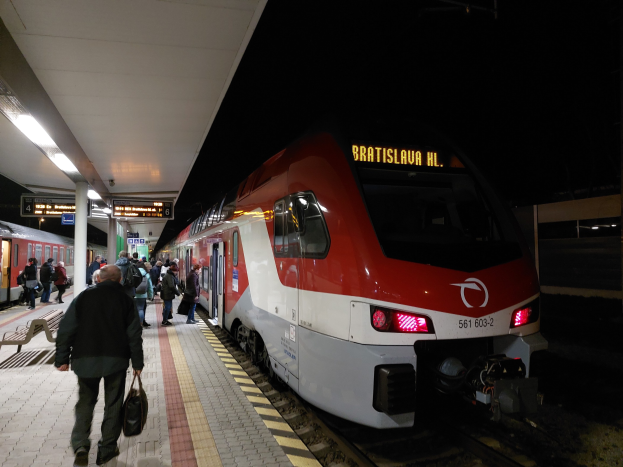 Ein roter und weißer Zug fährt nachts auf einen Bahnhof zu, auf dem ein paar Menschen stehen, einige von ihnen halten Taschen in den Händen, und auf der linken Seite des Bildes befinden sich Bänke. Der Bahnhof ist von an der Decke angebrachten Lampen beleuchtet.