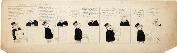 Eine Comic-Seite, die einen Mann mit Zylinder und eine Frau in einem Kleid zeigt, die in eine Diskussion vertieft sind, wobei der Mann ein Stück Papier mit Text hält.