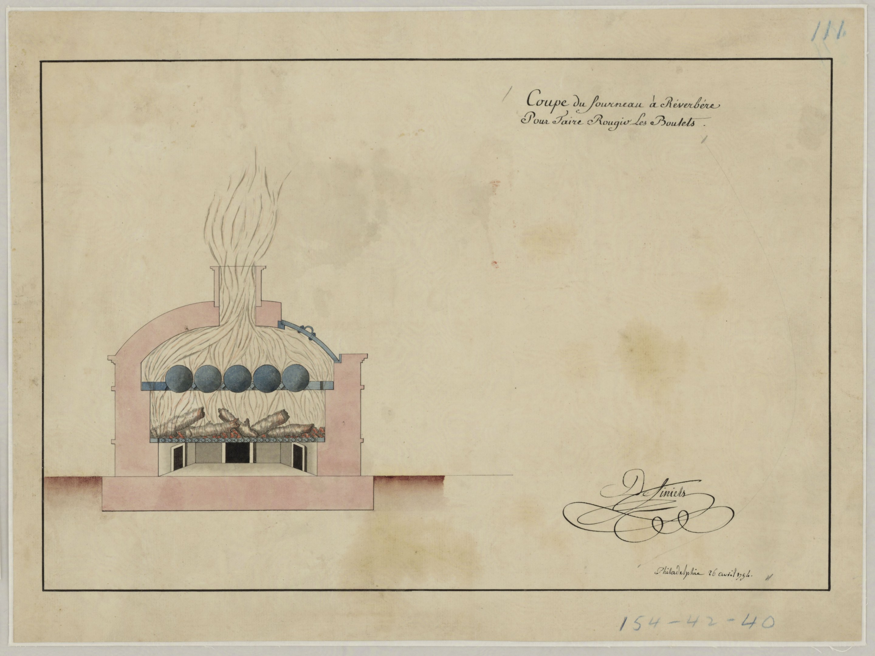 Eine Zeichnung eines rauchenden Gebäudes, möglicherweise einen Luftschutzbunker darstellend, auf einem Blatt Papier mit handgeschriebener Text.