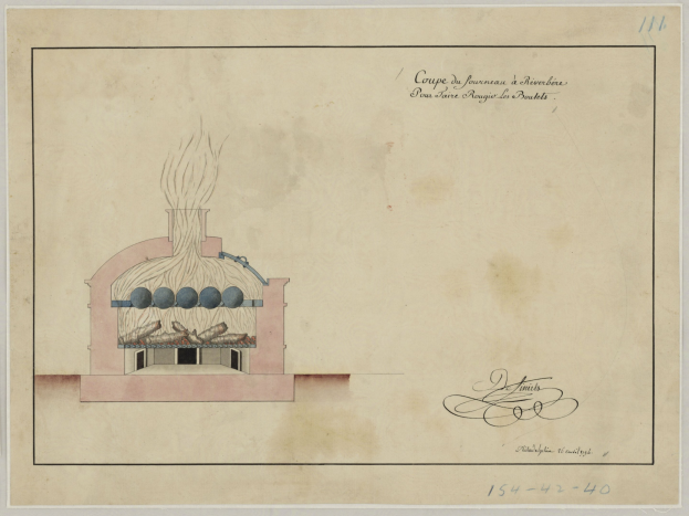 Eine Zeichnung eines rauchenden Gebäudes, möglicherweise einen Luftschutzbunker darstellend, auf einem Blatt Papier mit handgeschriebener Text.