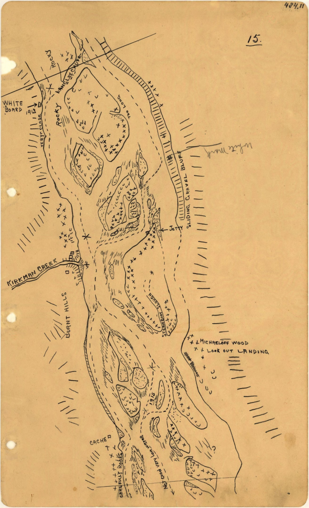 Detailierte alte Stadtkarte auf altem Papier mit handgeschriebenem Text, der Straßen, Gebäude, Parks und Sehenswürdigkeiten beschreibt.