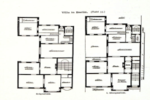 Schwarz-weißer architektonischer Grundriss eines Hauses in Berlin, der die Raumanzahl, Abmessungen, Fenster- und Türpositionen detailliert.