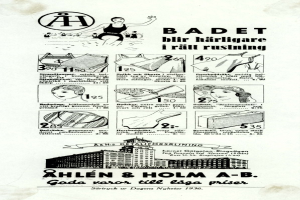 Werbung mit einer Frau in einem weißen Bikini mit blauen und weißen Streifen, die Haare zu einem Pferdeschwanz gebunden, direkt in die Kamera schaut, umgeben von Bildern von Menschen, Gebäuden und fetter Schrift.