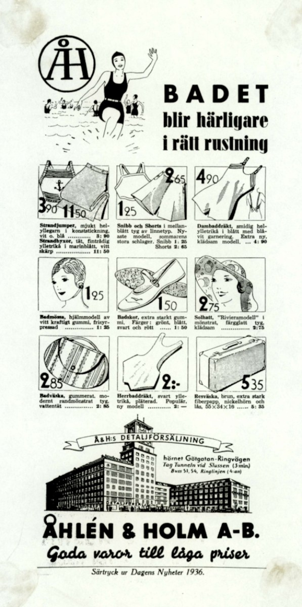 Werbung mit einer Frau in einem weißen Bikini mit blauen und weißen Streifen, die Haare zu einem Pferdeschwanz gebunden, direkt in die Kamera schaut, umgeben von Bildern von Menschen, Gebäuden und fetter Schrift.