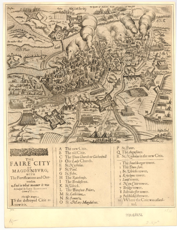 Ein detaillierter alter Stadtplan von Magdeburg, Deutschland, der Straßen, Gebäude, Landmarken und begleitenden Text zeigt, der die Stadtbevölkerung, Landmarken und Straße beschreibt.