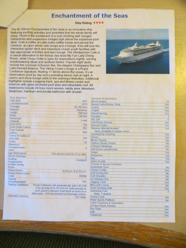 Ein Prospekt mit Informationen, Namen und Nummern neben einem Bild eines Schiffs auf dem Meer mit der Überschrift "Verzauberung der Meere" oben.