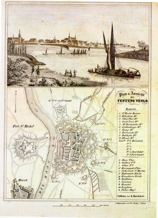 Ein altes Stadtplan von Hamburg, Deutschland, mit einem Boot auf dem Wasser, Menschen, Bäumen, Gebäuden und einem Himmel im Hintergrund, sowie begleitendem Text.