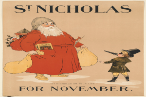 Ein Buchumschlag mit dem Titel "Sankt Nikolaus für November", auf dem Santa Claus und ein Kind zu sehen sind.