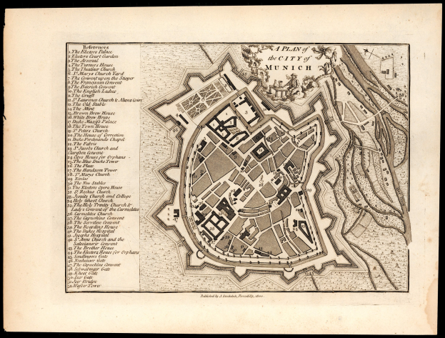 Ein detailliertes altes Stadtplan von München, Deutschland, auf schwarzem Hintergrund, der Straßen, Gebäude, Sehenswürdigkeiten und Text mit Straßennamen und Sehenswürdigkeiten zeigt.