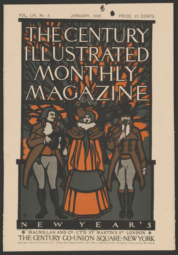 Plakat mit schwarzem Hintergrund, betitelt 'The Century Illustrated Monthly Magazine, Januar 1900', mit Menschen in historischer Kleidung und einem dekorativen Rahmen um den Text.