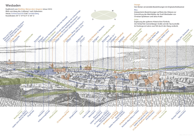 Eine historische Karte von Wiesbaden, Deutschland, mit farbigen Regionen, die umliegende Städte anzeigen und Text, der die Geschichte der Stadt beschreibt.