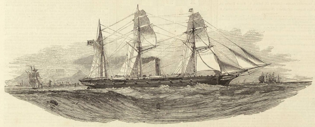 Eine Gravur eines Segelschiffs auf dem Meer, mit anderen Schiffen im Hintergrund und Text unten.