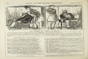 Ein altes Buchcover mit einem Mann in einem Anzug, der in einem Stuhl sitzt und ernst schaut, und einer Frau daneben, die nachdenklich aussieht, mit der Überschrift "Die Macht der öffentlichen Meinung" auf der Seite.