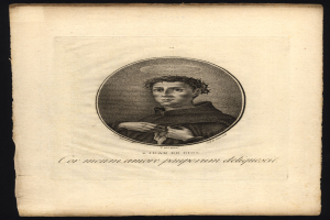 Ein altes Buch mit einer Schwarz-Weiß-Zeichnung eines Mannes mit einem weißen Gewand und einer blauen Schärpe, der direkt in die Kamera schaut, umgeben von Kursivtext in einem weißen Rand.