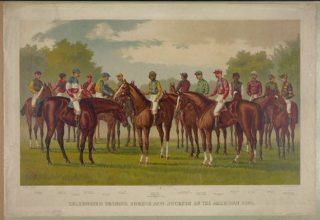 Gruppe von Menschen, die auf einem grünen Feld mit Bäumen und einem blauen Himmel reiten, mit Text unten: "Feiernder Siegerpferde und Jockeys der American Turf."