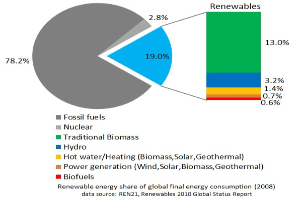 Tortendiagramm, das den globalen erneuerbaren Energieverbrauch im Jahr 2008 zeigt, mit Abschnitten für fossile Brennstoffe, Kernenergie, Wasserkraft, Heißwasser, Heizung, Biomasse, Solarenergie, Geothermie und Biokraftstoffe.