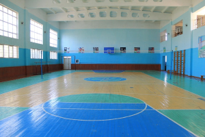 Große Turnhalle mit blau-weißem Boden, Basketballfeld, Netz, Stangen, einer Tür, Fenstern, Plakaten an den Wänden, einem Geländer und einem Dach.