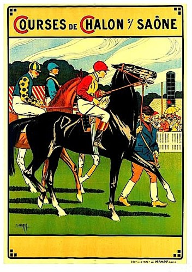 Ein Plakat, das ein Pferderennen mit Jockeys auf Pferden zeigt, umgeben von einer Menge, einem Zaun, Bäumen und einem bewölkten Himmel, mit Text über die Rennstrecken.