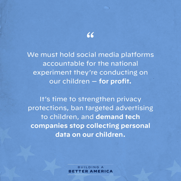 Ein Plakat mit einem Zitat aus Building a Better America, das lautet: 'Wir mĂĽssen die sozialen Medien-Plattformen fĂĽr das nationale Experiment zur Rechenschaft ziehen, das sie an unseren Kindern durchfĂĽhren - fĂĽr Profit.', verziert mit Sternen.