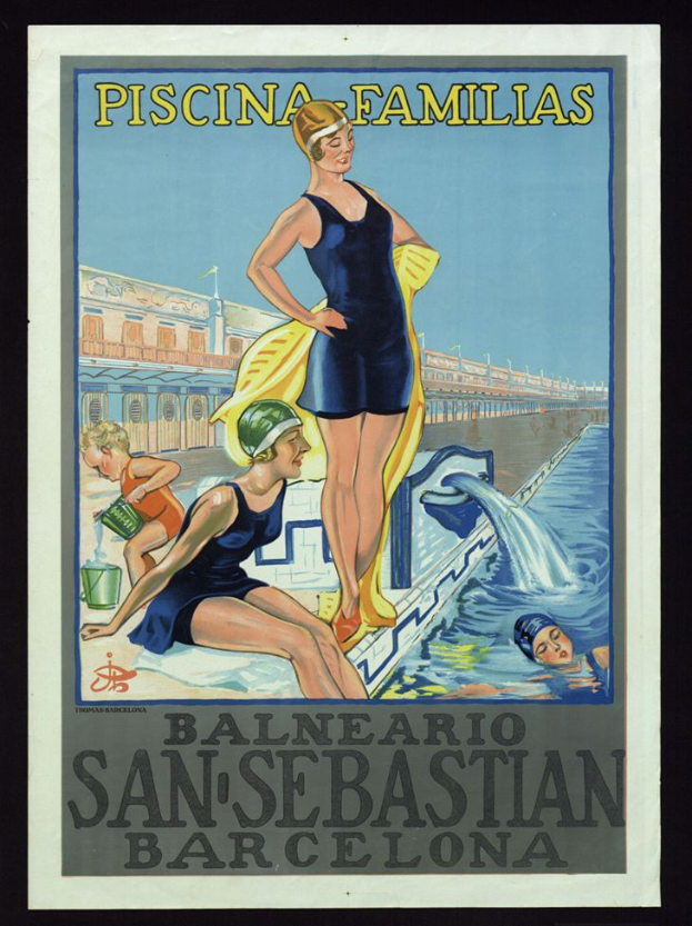 Eine Frau in Badekleidung steht am Rand eines Schwimmbeckens mit zwei Personen im Wasser, mit Text, der das Becken und seine Einrichtungen beschreibt.