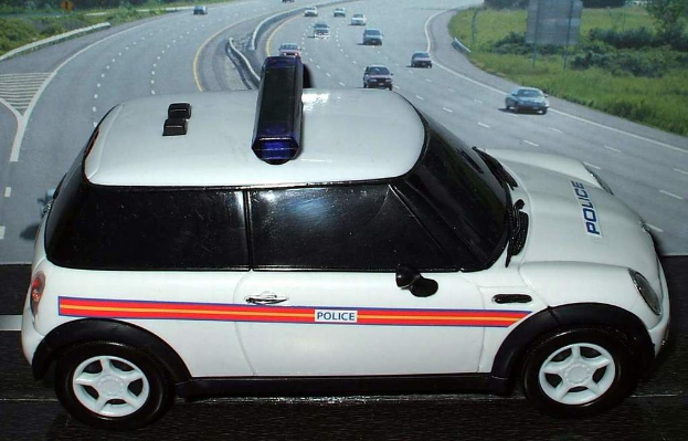 Ein weißer Polizeiwagen ist im Vordergrund geparkt, mit mehreren Autos, die sich auf der Straße dahinter bewegen, umgeben von Gras und Bäumen auf beiden Seiten, in einer ländlichen Umgebung.