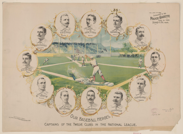 Ein Plakat mit einer Gruppe von Baseball-Spielern auf einem Feld, umgeben von einer Menge, B├Ąumen und einem klaren blauen Himmel, mit der Aufschrift "Unsere Baseball-Helden, Captains der Zwolf Clubs in der National League".