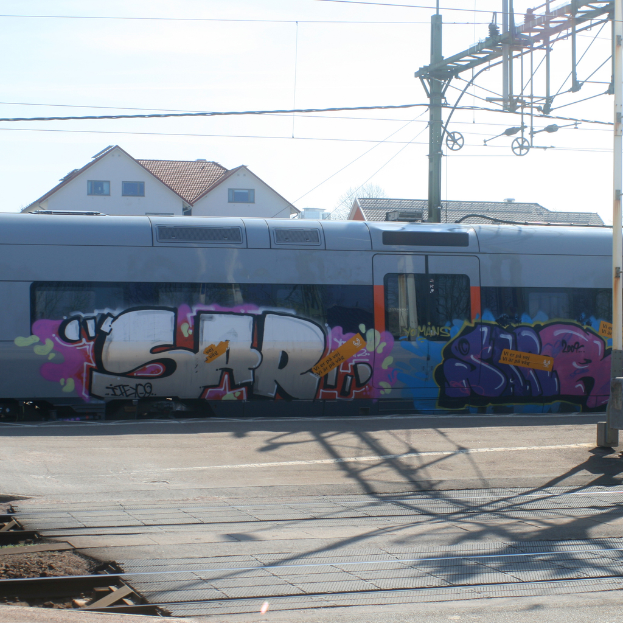 Graffiti-übersäter Zug mit sichtbaren Kabeln, Häuser mit Fenstern im Hintergrund.