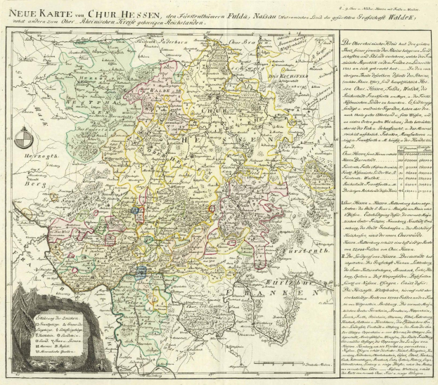 Ein altes Deutschland-Karte mit Bayern und deutschen Provinzen hervorgehoben, auf Papier gedruckt mit beschreibendem Text.