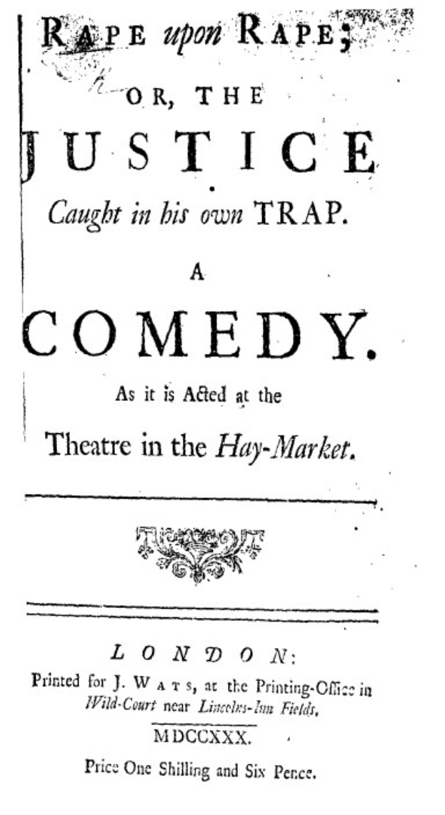 Ein schwarz-weißes Plakat mit fetter, schwarzer Schrift, auf dem "Vergewaltigung auf Vergewaltigung oder die Justiz in ihrer eigenen Falle" steht, wahrscheinlich Ankündigung einer Comedy-Show.