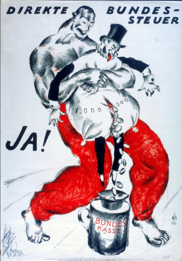 Ein deutsches Propagandaplakat aus den 1930er Jahren mit dem Titel "Bundes-Steuer" von Adolf Hitler, das einen Mann mit Zylinder und eine Frau in rotem Kleid mit einem Krug vor ihnen zeigt.