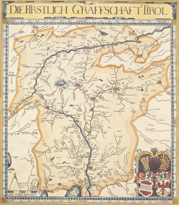 Ein detailliertes historisches Plakat der ersten deutschen Grafschaft Tirol-Karte, das geografische Merkmale wie Flüsse, Berge und Städte zeigt und von begleitendem Text umgeben ist.