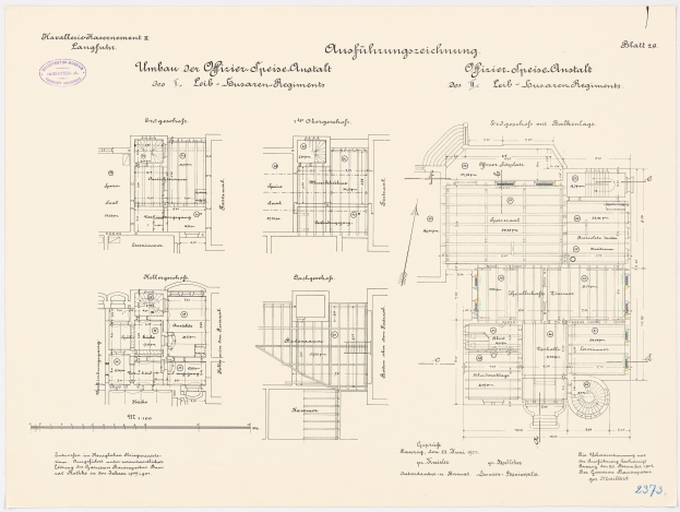 Ein detaillierter architektonischer Grundriss des ehemaligen Bundeskanzleramts in der Bundesrepublik Deutschland, der den Gebäudeentwurf mit Zeichnungen und Text zeigt.