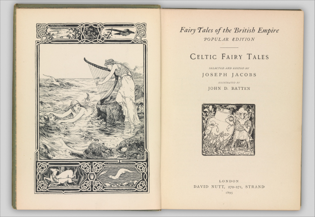 Ein aufgeschlagenes Buch mit einer Illustration eines keltischen Märchens auf dem Cover, das auf einer flachen Oberfläche liegt und lesbare Text und detaillierte, leuchtende Kunst zeigt.