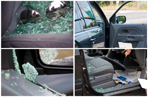 Eine Collage aus vier Bildern: Goggles auf gebrochenen Glasscherben, eine Seitenansicht eines Autos, ein gebrochenes Autofenster und ein Autositz voller gebrochener Glasscherben.