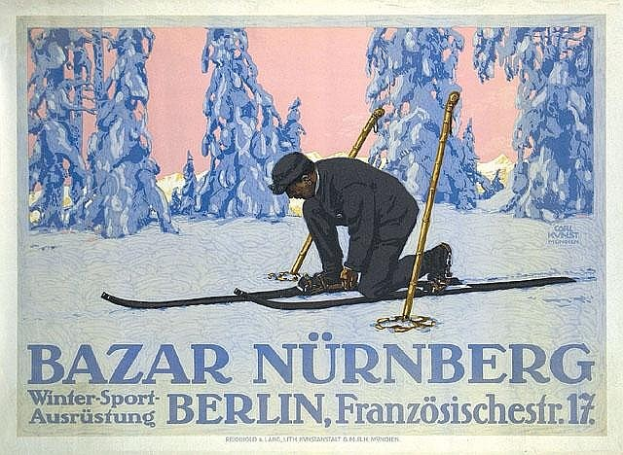 Plakat zum Bazar Nürnberg Winter Sport in Berlin, Deutschland, mit einer Person auf Skiern vor Bäumen und Textbeschreibung.