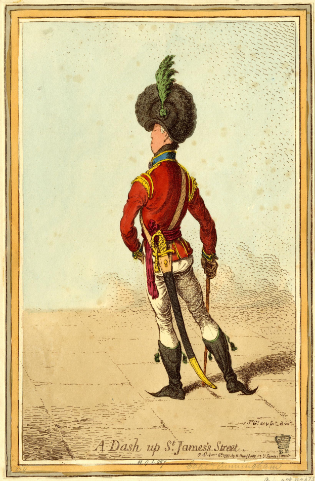 Ein Mann in roter Uniform und Hut hält ein Schwert in einer Hand und einen Stock in der anderen, mit dem Text "Ein Sprint die St. James' Street hoch" unten.