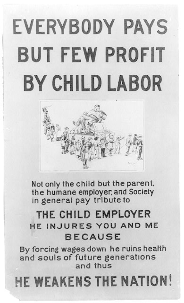 Plakat mit einem Schwarz-Weiß-Foto einer Gruppe von Kindern und dem Text "Jeder zahlt, aber wenige profitieren von Kinderarbeit", das gegen die Ausbeutung von Kinderarbeit aufruft.