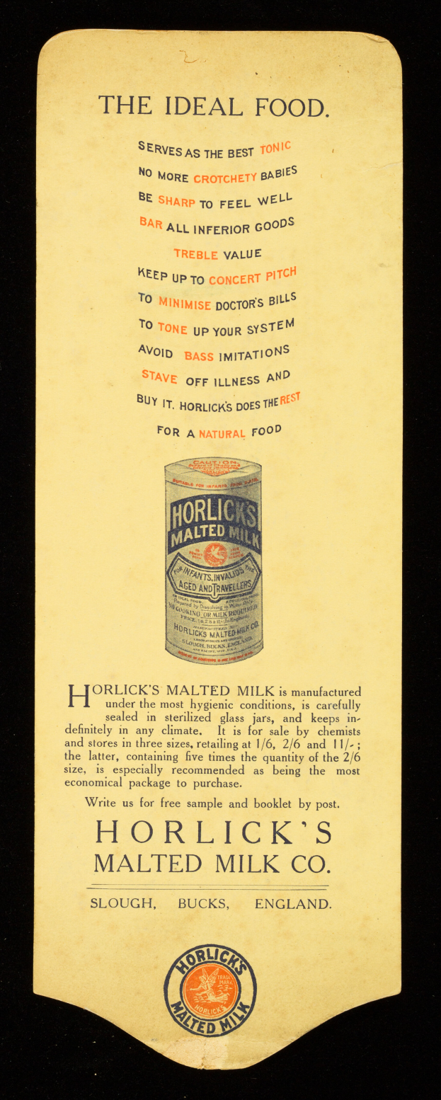 Eine alte Werbung für Horlicks Malzmilch mit schwarzem Hintergrund und beschreibendem Text.