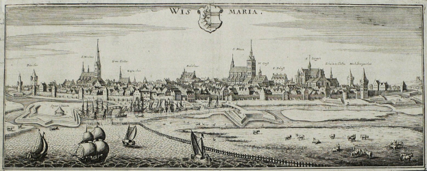 Eine Gravur der Stadt Wiesbaden, Deutschland, mit Booten im Wasser, Gebäuden und einem Himmel im Hintergrund, mit Text und Logo oben und unten.