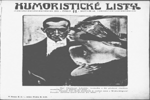Schwarze und weiße Zeitschrift mit dem Titel 'Humoristische Liste', die einen Mann im Anzug mit ernster Miene und eine Frau zeigt, die wegsieht und leicht schmunzelt.