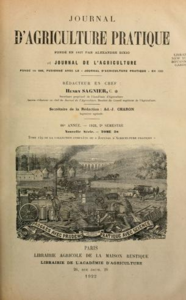 Ein altes Buch mit dem Titel "Journal d'Agriculture Pratique" mit einem Farmbild auf dem Cover und Text auf dem Umschlag.