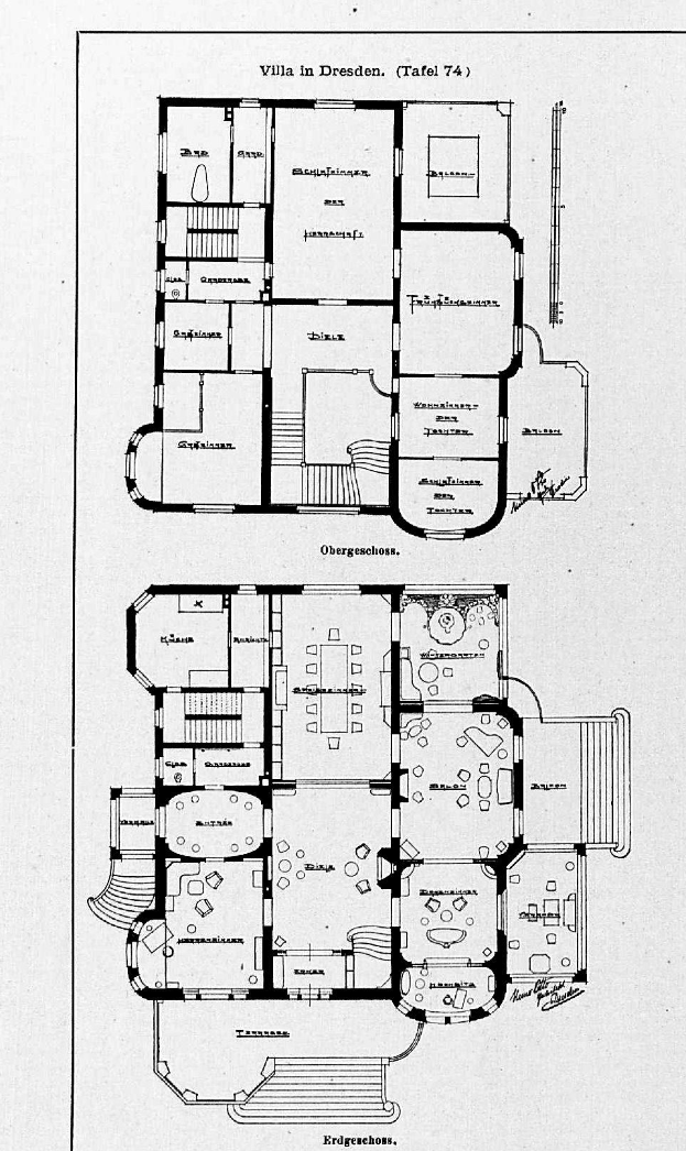 Ein Schwarz-Weiß-Bodenplan eines Hauses mit mehreren Räumen, das mit Details über die Raumanzahl und -größen beschriftet ist und als die Villa in Dresden, Deutschland, identifiziert wird.