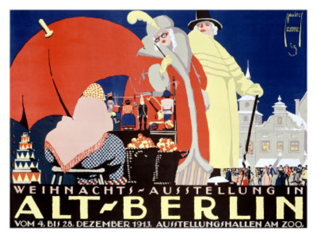 Ein Plakat, das eine Zirkusveranstaltung in Berlin, Deutschland ankündigt, mit einer farbenfrohen Illustration von Menschen, Gebäuden und Gegenständen und der Aufschrift "Weihnachts Ausstellung in Alt-Berlin" oben.