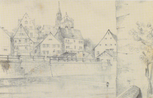 Ein Bleistift-Zeichnung betitelt "Nürnberg, Deutschland" von Joseph Mallord William Turner, das eine Stadtlandschaft mit einem Fluss, Gebäuden, Bäumen und einer Brücke zeigt.