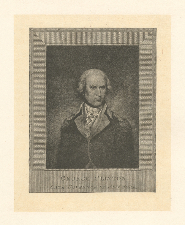 Porträt von George Clinton, dem verstorbenen Gouverneur von New York, in einem Anzug mit ernstem Gesichtsausdruck, der direkt in die Kamera schaut, mit dem Text 'George Clinton' unten.