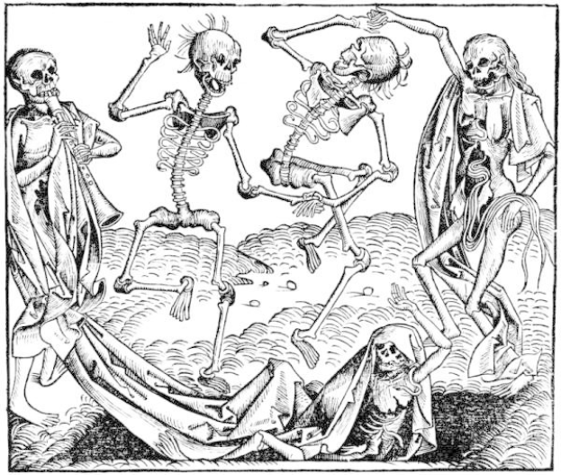 Schwarze und weiße Zeichnung von Skeletten, die in einem Kreis tanzen, mit zwei Personen darunter, betitelt mit "Der Tanz der Skelette" unten.